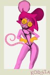 anthro breasts clothed clothing confusion eyewear female hair hands_on_hips one-piece_swimsuit pink_body pink_hair simple_background sling_bikini small_breasts solo swimwear tail korsia muffin_(goommymuffin) mammal mouse murid murine rodent sciurid digital_media_(artwork) hi_res