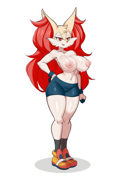 anthro areola big_breasts biped blush bodily_fluids bottomwear breasts clothed clothed_anthro clothed_female clothing cute_fangs exposed_breasts fangs female female_anthro navel nipples open_mouth pink_areola pink_nipples red_eyes standing sweat sweatdrop sweaty_breasts teeth tongue topless lucyfercomic nintendo pokemon bray_(lucyfercomic) braixen generation_6_pokemon pokemon_(species) absurd_res hi_res