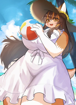 anthro ball beach beach_ball big_breasts black_nose bow_ribbon breasts brown_hair claws clothing detailed_background ears_through_headwear eyebrow_through_hair eyebrows eyelashes fangs female finger_claws flower fur hair hat headgear headwear holding_beach_ball huge_breasts inflatable kemono looking_at_viewer low-angle_view multicolored_body multicolored_fur multicolored_hair open_mouth orange_body orange_fur orange_hair palm_tree plant slightly_chubby slightly_chubby_anthro slightly_chubby_female small_tail smile snout solo sun_hat sunflower tail teeth thick_thighs translucent translucent_hair tree water white_body white_fur wide_hips mof_harumaki chunithm chunithm_luminous sega sega_fave inuko_mimimi_(sega) canid canine canis domestic_dog mammal 2025 hi_res portrait three-quarter_portrait