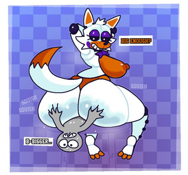 anthro areola big_breasts big_butt black_sclera bodily_fluids bow_tie breasts butt butt_grab checkered checkered_background cheek_tuft clothing dialogue dipstick_tail duo eyelashes eyeshadow facial_markings facial_tuft female fingers grey_body hand_on_butt hands_behind_head head_markings head_tuft huge_breasts huge_butt looking_back machine makeup male male/female markings muzzle_(marking) nipples onomatopoeia orange_areola orange_body orange_clothing orange_nipples orange_panties orange_underwear panties pattern_background purple_background purple_eyeshadow rosy_cheeks simple_background smile sound_effects speech_bubble sweat sweatdrop tail tail_markings text thick_thighs tuft underwear white_body white_eyes wide_hips crushtrap five_nights_at_freddy's five_nights_at_freddy's_world scottgames lolbit_(fnaf) animatronic canid canine fox human mammal robot 2023 digital_media_(artwork) english_text