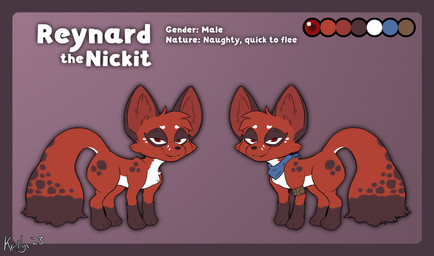 cheek_tuft facial_markings facial_tuft feral fluffy fluffy_tail fur half-closed_eyes head_markings leg_markings male markings mottled narrowed_eyes red_body red_fur scarf smug smug_face socks_(marking) solo tail text tuft white_markings kerilyn nintendo pokemon reynard_(kerilyn) generation_8_pokemon nickit pokemon_(species) 2023 english_text hi_res model_sheet