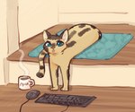 ambiguous_gender beverage blep brown_body brown_fur coffee coffee_mug computer_mouse feral fur green_eyes inner_ear_fluff inside keyboard looking_at_viewer markings multicolored_body multicolored_fur nude quadruped solo spots spotted_body spotted_fur steam striped_markings striped_tail stripes tail tail_markings tan_body tan_fur text tongue tongue_out tuft two_tone_body two_tone_fur fuel_(artist) copyright_request ty_(appleseed) banded_linsang linsang mammal viverrid 2021 english_text hi_res male_(lore)