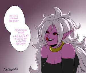 arm_warmers armwear big_breasts black_clothing black_sclera breasts cleavage clothed clothing dialogue ear_piercing fangs female gold_(metal) gold_jewelry gradient_background grey_background hair humanoid_pointy_ears jewelry long_ears long_hair looking_at_viewer neck_ring not_furry open_mouth piercing pink_body pink_skin pointy_ears purple_background red_eyes sharp_teeth simple_background solo speech_bubble teeth text tongue tongue_out topwear tube_top white_background white_hair sleepingeel dragon_ball dragon_ball_fighterz android_21 majin_android_21 alien alien_humanoid humanoid majin 2018 dated english_text hi_res meme signature