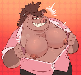 anthro belly big_breasts breasts clothing ear_piercing facial_piercing female flashing flashing_breasts hair looking_at_viewer nipples nose_piercing nose_ring overweight overweight_anthro overweight_female piercing ring_piercing smile solo tusks haxsmack dreamworks the_bad_guys pigtail_(the_bad_guys) mammal suid suine sus_(pig) wild_boar