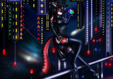 anthro black_body black_clothing black_fur black_hair black_panties black_underwear blue_eyes blue_pawpads city clothing colored_edge_panties colored_edge_underwear female fur future futuristic galaxy gloves glowing glowing_eyes hair handwear legwear long_hair long_socks machine multicolored_body multicolored_fur night panties pawpads paws pose red_body red_fur science_fiction solo space stockings underwear white_body white_fur cesar23 ara_(fluff-kevlar) android domestic_cat felid feline felis mammal robot absurd_res hi_res pinup