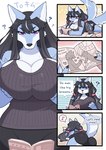 anthro big_breasts big_butt black_bottomwear black_clothing black_hair black_shirt black_shorts black_tank_top black_topwear blue_body blue_fur book bottomwear breasts butt clothed clothing female female_anthro fur hair hand_on_own_breast huge_breasts kemono looking_at_breasts looking_at_own_breasts looking_at_self musical_note musical_symbol purple_eyes question_mark shirt shorts solo symbol tail tail_motion tailwag tank_top text topwear yamame513 ookami-chan_(kim_3022) canid canine canis mammal wolf english_text hi_res translated