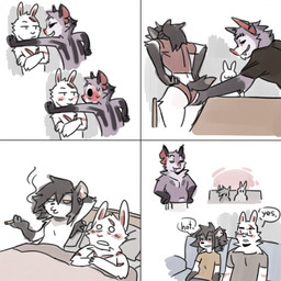 anthro bed biped blush bottomwear breasts brown_hair brown_tail butt cigarette clothed clothed_anthro clothed_female clothed_male clothing dialogue eye_contact eyewear female fingers front_view fully_clothed fully_clothed_anthro fully_clothed_female fully_clothed_male fur furniture glasses group hair looking_at_another male navel nude nude_anthro nude_female nude_male pillow scar simple_background sitting smile speech_bubble standing tail teeth text throuple topwear trio white_body white_fur spuydjeks marshall_(spuydjeks) miles_(spuydjeks) spuydjeks_(character) bat hyena lagomorph leporid mammal rabbit 1:1 2026 comic digital_drawing_(artwork) digital_media_(artwork) english_text hi_res