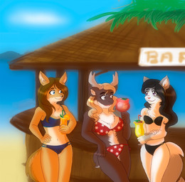 anthro antlers bar beach big_breasts bikini blonde_hair blue_eyes breasts brown_eyes brown_hair cleavage clothed clothing cloud female fluffy fluffy_tail fur group hair hooves horn midriff navel neck_tuft outside purple_eyes sand sea seaside skimpy sky smile swimwear tail tiki tiki_bar tropical tropical_beverage tuft two-piece_swimsuit water missebony aurora_(fairdahlia) dahlia_(fairdahlia) harper_(fairdahlia) canid canine canis coyote deer domestic_cat felid feline felis mammal new_world_deer reindeer hi_res