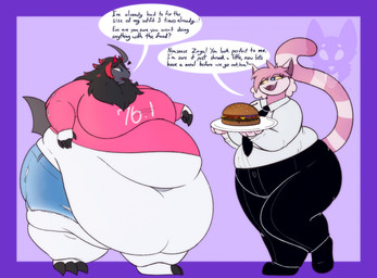 accessory anthro barefoot belly belly_overhang belly_size_difference big_belly big_breasts biped black_bottomwear black_clothing black_footwear black_hair black_necktie black_pants black_shoes blue_bottomwear blue_clothing blue_shorts bottomwear breast_size_difference breasts burger clothed clothed_anthro clothed_female clothing compliment cosplay deep_navel dialogue dishonesty duo feederism feet female female_anthro food footwear fur gaslighting hair highlights_(coloring) holding_food holding_object holding_plate huge_belly huge_breasts huge_thighs markings midriff morbidly_obese morbidly_obese_anthro morbidly_obese_female name_in_dialogue navel necktie obese obese_anthro obese_female overweight overweight_anthro overweight_female pants pink_body pink_clothing pink_fur pink_hair pink_shirt pink_t-shirt pink_topwear plate red_highlights shirt shoes shorts striped_markings striped_tail stripes t-shirt tail tail_markings talking_to_another text thick_thighs topwear tuft weight_gain white_body white_dress_shirt white_fur white_stripes white_tuft strawberrymilkdog chainsaw_man nintendo pokemon eve_(zomb123) makima_(chainsaw_man) power_(chainsaw_man) zoya_ibiza absol domestic_cat felid feline felis generation_3_pokemon mammal pokemon_(species) 2023 character_request english_text hi_res