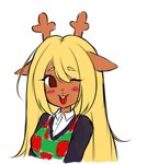 anthro antlers blonde_hair blush blush_stickers brown_body brown_eyes brown_fur checkered checkered_clothing checkered_sweater checkered_topwear clothing female freckles fur hair horn one_eye_closed open_mouth pattern_clothing pattern_sweater pattern_topwear small_nose solo sweater topwear wink anonymous_artist deltarune undertale_(series) noelle_holiday deer mammal new_world_deer reindeer 2024