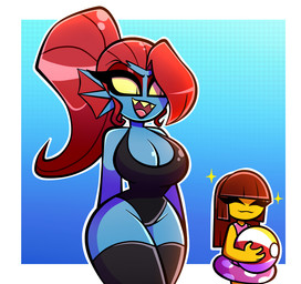 anthro ball beach_ball big_breasts big_hair black_clothing black_legwear black_lips black_lipstick blue_background blue_body blue_skin border breasts brown_hair cleavage clothed clothing curvy_figure duo ear_fins emanata eyes_closed eyeshadow fangs female female_human fin hair hair_over_eye hands_behind_back inflatable legwear lips lipstick looking_at_another makeup non-mammal_breasts one-piece_swimsuit one_eye_obstructed open_mouth open_smile outline ponytail pool_float pupils red_eyeshadow red_hair sharp_teeth simple_background slit_pupils small_waist smile sparkles sparkling_character standing swimwear teeth thick_thighs thigh_highs white_border wide_hips yellow_sclera nelljoestar undertale undertale_(series) frisk_(undertale) undyne aquatic fish human mammal scalie 2020 digital_media_(artwork)