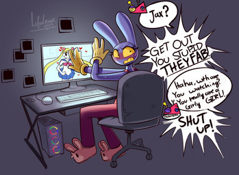 angry anthro blush bodily_fluids bunny_slippers chair clothing computer dialogue electronics embarrassed eyelashes female footwear furniture laugh shoes slippers slur solo_focus sweat swivel_chair text transphobic_slur yelling yellow_sclera lifelover444 glitch_productions sailor_moon_(series) the_amazing_digital_circus jax_(tadc) usagi_tsukino zooble_(tadc) humanoid lagomorph leporid mammal rabbit 2026 english_text hi_res nonbinary_(lore) trans_(lore) trans_woman_(lore)