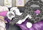 5_fingers anthro black_spots collar detailed_background exposure_variation female fingers fur grey_body grey_fur hair leash markings nude purple_eyes solo spots spotted_body spotted_fur white_hair tanutanuki katja_(tigertau) felid mammal pantherine snow_leopard