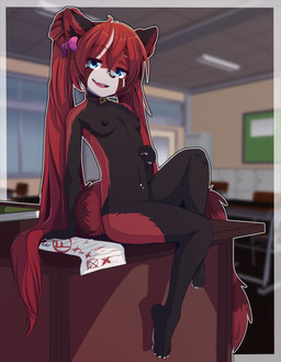 adolescent anthro black_body black_fur black_nipples blue_eyes breasts classroom feet female fur hair loli navel navel_piercing nipples nude piercing pigtails red_hair school sitting small_breasts solo young young_anthro young_female sicmop reina_(reinabaird) ailurid mammal red_panda 2021 hi_res