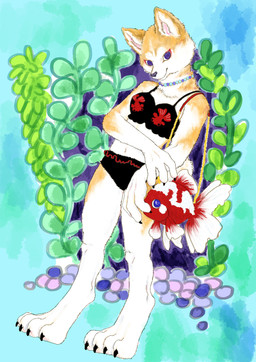 ambiguous_gender anthro bikini blue_eyes bra breasts claws clothed clothing duo female feral fur jewelry looking_at_viewer necklace purple_eyes swimwear tail two-piece_swimsuit underwear water kyokyota amur_carp aquatic canid canine canis carp cyprinid cypriniform domestic_dog fish koi mammal shiba_inu spitz typical_carp 2019 absurd_res hi_res