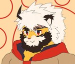 absurd_res anthro beard blossomingruin clothing colored eye_contact eyebrows facial_hair felid hair hi_res jacket lion looking_at_another male mammal pantherine red_eyes simple_background solo topwear trad_mon_mon vtuber white_hair