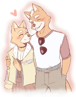 anthro arm_around_shoulders belt blush bottomwear choker clothed clothing countershade_face countershading dress duo eyes_closed female fully_clothed fur hand_in_pocket heart_symbol jacket jewelry male male/female name_tag necklace open_clothing open_jacket open_topwear orange_body orange_fur pants pockets romantic romantic_couple shirt simple_background smile smiling_at_another smiling_at_each_other smiling_at_partner t-shirt topwear white_background kokoro-tokoro nintendo star_fox james_mccloud vixy_reinard canid canine fox mammal red_fox true_fox hi_res signature