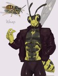 abs antennae_(anatomy) anthro athletic athletic_anthro athletic_male biped black_body black_eyes bottomwear clothing jacket leather leather_clothing leather_jacket leather_topwear male pants pecs shirtless simple_background solo standing topwear white_background wings yellow_body kogito wasp_(kogito) arthropod german_yellowjacket hymenopteran insect vespid wasp yellowjacket_(wasp) 2023 digital_media_(artwork) hi_res