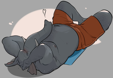 anthro bodily_fluids bottomwear clothing exercise grey_background grey_body lying_on_ground male nipples on_ground orange_bottomwear orange_clothing orange_shorts overweight overweight_male proboscis_(anatomy) shorts simple_background solo sweat trunk_(anatomy) tusks workout juicytreats elephant elephantid mammal proboscidean 2025 hi_res