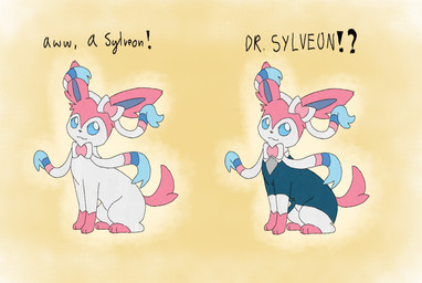 ambiguous_gender blue_eyes feral fur pink_body pink_fur ribbons simple_background sitting text white_body white_fur yellow_background fetus_slurper nintendo pokemon dr._sylveon eeveelution generation_6_pokemon pokemon_(species) sylveon hi_res
