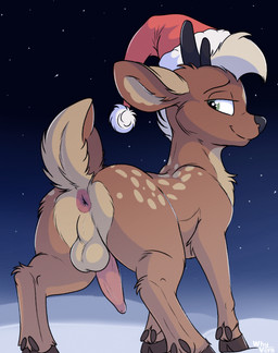 anatomically_correct anatomically_correct_genitalia anatomically_correct_penis animal_genitalia animal_penis antlers anus balls butt cervine_genitalia cervine_penis christmas_clothing christmas_headwear clothed clothing feral fur genitals hair hat headgear headwear holidays horn male markings penis presenting presenting_anus presenting_balls presenting_hindquarters presenting_penis quadruped raised_tail santa_hat simple_background smile snow solo spots spotted_markings tail tapering_penis whyvern christmas cervine deer mammal new_world_deer reindeer 2024 absurd_res digital_media_(artwork) hi_res