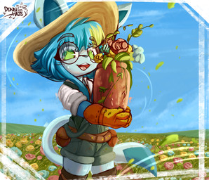 anthro apron belt belt_pouch big_ears blue_body boots clothed clothing detailed_background eyewear female flower footwear garden gardening glasses gloves green_eyes hair handwear happy hat headgear headwear holding_object leaf legwear looking_at_viewer multicolored_body multicolored_hair open_mouth outside petals plant shirt shoes sky skyscape smile solo straw_hat tail teeth thorns tongue topwear two_tone_body two_tone_hair vase wearing_glasses dennhaze nintendo pokemon irene_(dennhaze) eeveelution generation_4_pokemon glaceon mammal pokemon_(species) absurd_res digital_media_(artwork) hi_res
