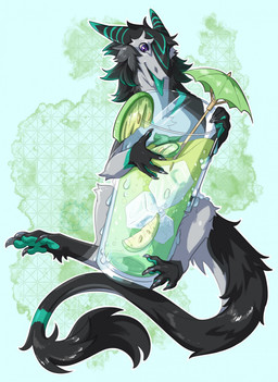 beverage blep claws cocktail_garnish cocktail_umbrella food fruit fur ice ice_cube lime lime_wedge male pawpads plant purple_eyes smile solo tongue tongue_out conditional_dnp jingo824 sand_(sand0x) sergal 2025 digital_drawing_(artwork) digital_media_(artwork) full-length_portrait hi_res portrait shaded