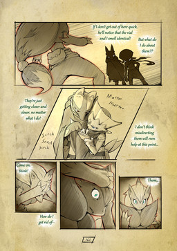 3_fingers anthro biped blue_eyes claws cloak clothing dialogue female fingers fur green_eyes group hair hand_spike holding_object illusion long_hair male nervous onomatopoeia page_number red_eyes red_glow sound_effects spikes spikes_(anatomy) text trio writing_utensil truescorn nintendo pokemon pokemon_mystery_dungeon spike_chunsoft asche_(truescorn) clarity_(truescorn) orchid_(truescorn) generation_4_pokemon generation_5_pokemon lucario pokemon_(species) weavile zoroark 2026 comic english_text hi_res