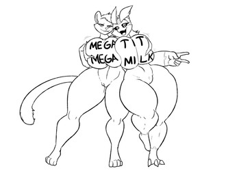 anthro big_breasts bite biting_lip black_sclera bottomless breast_grab breast_squish breasts breasts_frottage claws clothed clothing duo eyebrows female genitals gesture hair hand_gesture hand_on_breast head_tuft horn huge_breasts long_tail looking_at markings open_mouth raised_leg squish tail text text_on_clothing thick_thighs toe_claws tuft v_sign vulva wide_hips kaboozle mythology yaojou dragon felid feline jou mammal mythological_creature mythological_scalie scalie 2018 character_request digital_drawing_(artwork) digital_media_(artwork) hi_res monochrome