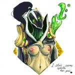 breasts female half_naked heart_symbol magic_user not_furry solo staff text unknown_artist dota valve rubick_the_grand_magus 1:1 english_text hi_res