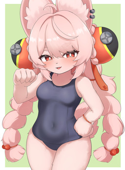 5_fingers ahoge anthro blue_clothing blue_swimwear braided_pigtails breasts clothed clothed_anthro clothed_female clothing ear_piercing ear_ring female fingers fully_clothed fully_clothed_anthro fully_clothed_female fur hair inner_ear_fluff medium_breasts one-piece_swimsuit piercing pink_body pink_fur pink_hair red_eyes ring_piercing solo swimwear tuft yomocha_sb34 mihoyo zenless_zone_zero zhao_(zenless_zone_zero) lagomorph leporid mammal rabbit thiren 2026 absurd_res half-length_portrait hi_res portrait