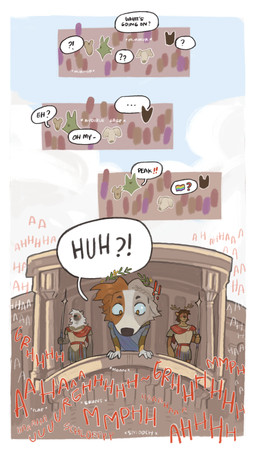 anthro armor blush blush_lines braided_hair brown_body brown_fur clothing confusion crowd dialogue emperor exclamation_point eye_glint fisheye_lens fur gold_(metal) gold_jewelry grey_body grey_fur group growling grunting guard hair jewelry laurel_wreath leaning leaning_forward lgbt_pride male melee_weapon moan multicolored_body multicolored_fur multicolored_hair onomatopoeia polearm pride_colors royalty sash sound_effects spear speech_bubble text toga weapon white_body white_fur yellow_eyes assparagus ambiguous_species canid canine canis deer domestic_dog hyena mammal absurd_res comic hi_res