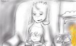 anthro book chair eyes_closed fire fur furniture group happy open_mouth reading sitting sleeping white_body white_fur animextremex undertale undertale_(series) frisk_(undertale) temmie_(undertale) toriel boss_monster_(undertale) bovid caprine human mammal tem