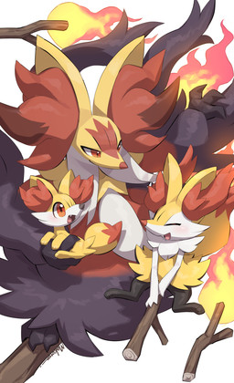 ambiguous_gender anthro black_body black_fur blush blush_lines claws evolutionary_family eyes_closed fangs feral fire fur group holding_another inner_ear_fluff multicolored_body open_mouth paws red_body red_eyes red_fur simple_background size_difference stick tail teeth tongue trio tuft white_body white_fur yellow_body yellow_fur makotoo nintendo pokemon pokemon_legends_z-a braixen fennekin generation_6_pokemon generation_9_pokemon mega_delphox mega_evolution pokemon_(species) 2025 signature