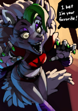 anthro clothed clothing dialogue ear_piercing exclamation_point female fur green_hair hair machine piercing solo text yellow_eyes bittenhard five_nights_at_freddy's five_nights_at_freddy's:_security_breach scottgames steel_wool_studios roxanne_wolf android animatronic canid canine canis mammal robot robot_anthro wolf 2021 digital_media_(artwork) english_text