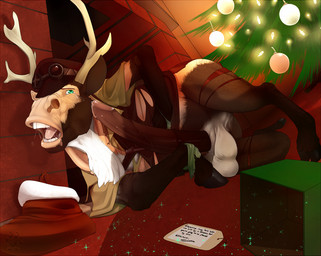 animal_genitalia anthro antlers balls big_penis bodily_fluids clothing crying decoration detailed_background erection eyewear front_view genital_fluids genitals gift goggles green_eyes hat headgear headwear holidays hooves horn lights looking_at_viewer lying male open_mouth penis plant pose precum presenting saliva solo species_transformation tears teeth tongue torn_clothing transformation tree vein veiny_penis fasttrack37d christmas deer mammal 2014