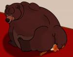 anthro bear big_butt brother_bear brown_bear butt canid canine crush disney duo eyes_closed facesitting feral fox grizzly_bear hi_res inside looking_back lying male mammal mrfurry_(artist) nude obese on_back overweight pinned simple_background sitting_on_another size_difference squish tug_(brother_bear) ursine