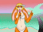 announcer anthro beach blonde_hair electronics female fur gesture hair hand_gesture microphone orange_body orange_fur pixelated pointing presenter presenting purple_eyes quiz slim solo sunspots dinredfire tangobunny lagomorph leporid mammal rabbit 4:3