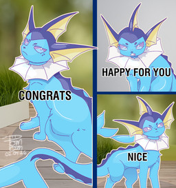 ambiguous_gender black_text blue_body blue_sclera blurred_background chest_tuft clenched_teeth comic_panel detailed_background eyebrows feral fin grass group grumpy membrane_(anatomy) multicolored_body plant quadruped simple_background tail tail_fin teeth text trio tuft two_tone_body white_eyes white_membrane pom_pom(artist) nintendo pokemon eeveelution generation_1_pokemon pokemon_(species) vaporeon 2026 absurd_res dated hi_res meme signature