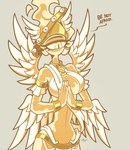 1_eye armband big_breasts bottomwear bracelet breasts choker clothed clothing dialogue eyelashes feathered_wings feathers female fire flaming_hair half-closed_eyes humanoid_hands jewelry legband loincloth mouthless multi_wing narrowed_eyes necklace pseudo_hair skimpy small_waist solo text thighband under_boob wide_hips wings yellow_body yellow_eyes notyoursagittarius angel_girl_(notyoursagittarius) angel biblically_accurate_angel humanoid ophan english_text