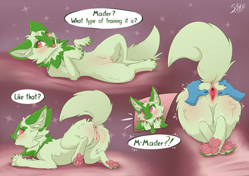 4_toes butt claws dialogue feet female feral fur genitals green_body green_fur humanoid_genitalia humanoid_genitalia_on_feral humanoid_vulva humanoid_vulva_on_feral lying master pawpads paws presenting red_eyes solo sploot spread_vulva spreading tail talking_feral text toe_claws toes vulva skyvo nintendo pokemon felid feline generation_9_pokemon mammal pokemon_(species) sprigatito absurd_res english_text hi_res