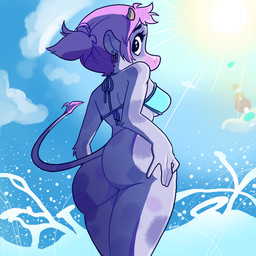 anthro beach big_butt bikini bikini_top black_eyes breasts butt clothing cloud covering ear_piercing ear_ring female fur glistening glistening_eyes hair horn light light_beam open_mouth piercing pink_hair ponytail purple_body purple_fur ring_piercing simple_background solo sun sunbeam sunlight swimwear tail thick_thighs two-piece_swimsuit water_splashes wet wet_body wide_hips ch0wmen bovid bovine cattle mammal 1:1 colored signature