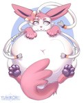 abdominal_bulge burping eeveelution feladi female feral feral_pred fully_inside fur generation_6_pokemon hi_res navel nintendo pawpads paws pink_body pink_fur pink_paws pink_tail pokemon pokemon_(species) purple_eyes purple_sclera ribbons ribbons_(anatomy) rumbling_stomach solo sylveon tail vore white_body white_fur yumikori