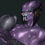 big_breasts breasts fangs female huge_breasts looking_at_viewer not_furry purple_body purple_skin simple_background solo teeth rampage0118 predator_(franchise) fan_character stimia_(rampage0118) alien alien_humanoid humanoid yautja 1:1