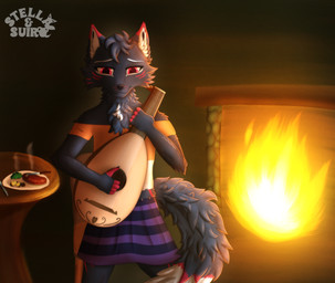 5_fingers anthro beef black_body black_fur black_hair black_nose bottomwear chair cheek_tuft chest_tuft clothed clothing crossdressing cutlery detailed_background dinner dinner_plate eyebrows facial_tuft femboy fingers fire fireplace fluffy fluffy_ears fluffy_tail food fork fur fur_markings furniture gloves_(marking) hair holding_object inner_ear_fluff inside kitchen_utensils knife lute male markings meat midriff musical_instrument neck_tuft on_chair playing_music plucked_string_instrument red_body red_eyes red_fur shirt sitting sitting_on_chair skirt smile solo steak steam string_instrument table tail tavern tools topwear tuft white_body white_fur stellaamoris tivra_nightflame_(bluerosabrier) canid canine fox mammal absurd_res digital_media_(artwork) digital_painting_(artwork) hi_res painting_(artwork)