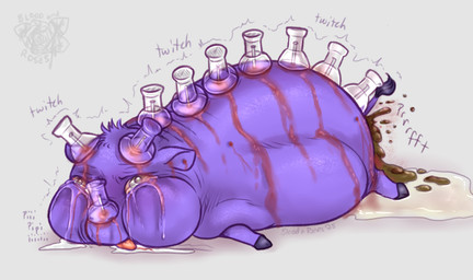 abuse ambiguous_feral ambiguous_gender blood blood_from_eye blood_from_wound bloodshot_eyes bodily_fluids crying feces feral gore grey_background hooves impalement lying on_front overweight overweight_feral pain pained_expression pooping purple_body purple_hooves quadruped simple_background solo suffering tears thumb_tack tongue tongue_out torture wounded young young_ambiguous young_feral bloodandroses fluffy_pony fluffy_pony_(species) mammal 2025 digital_media_(artwork) english_description shaded signature