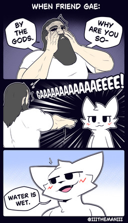 abstract_background anthro beard blush clothing dialogue duo facial_hair gesture hair hand_gesture light_body light_skin male nude open_mouth pointing shirt text topwear white_body the_man boy_kisser_(meme) silly_cat_(mauzymice) the_man_(character) felid feline human mammal absurd_res comic english_text hi_res meme