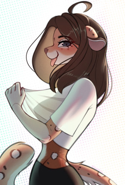 anthro breasts brown_hair clothed clothing female flirting hair looking_at_viewer looking_back markings short_hair side_view simple_background skinny smile solo spots spotted_body tail tongue tongue_out translucent translucent_clothing conditional_dnp thaliataiga felid leopard mammal pantherine hi_res