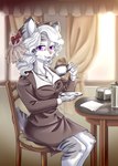 1950s anthro beverage bonnet bottomwear classy clothing container cup curled_hair dining_room dress fancy_clothing fangs female fur hair headgear headwear long_hair purple_eyes sabertooth_(anatomy) sitting skirt solo tea tea_cup teeth white_body white_fur white_hair unknown_artist shima_sonoma felid feline mammal hi_res