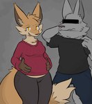 anthro big_tail black_clothing black_shirt black_topwear blue_bottomwear blue_clothing blue_pants bodily_fluids bottomwear breasts brown_bottomwear brown_clothing brown_nose brown_pants canid canine censor_bar censored_face clothed clothing collar collar_pull duo ear_tuft eyebrows eyelashes female fox fur grey_body grey_fur hand_on_belly hand_on_head hi_res male mammal medium_breasts neck_tuft nervous orange_body orange_fur pants pregnant pregnant_anthro pregnant_female red_clothing red_sweater red_topwear shirt short_sleeved_shirt simple_background smile sweat sweatdrop sweater tail tail_around_leg topwear trisha_fox_(zzx) tuft yellow_eyes zzx